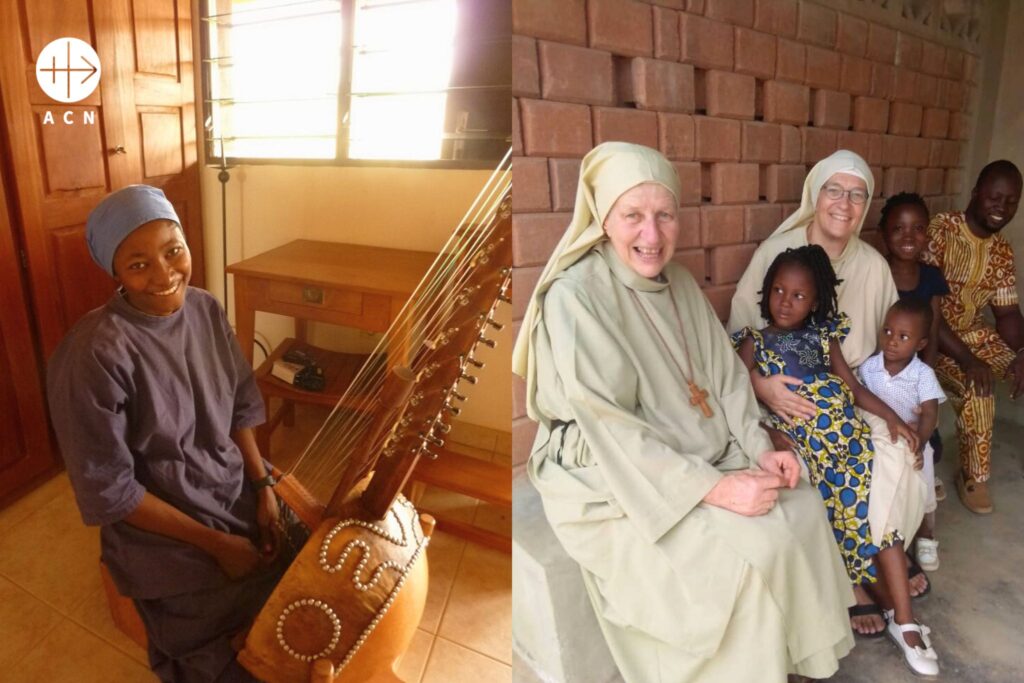 Na fotke vľavo je mladá africká novicka spolu s tradičným hudobným nástrojom západnej Afriky. Vpravo sú francúzske sestry, ktoré sa hrajú s africkými deťmi.
